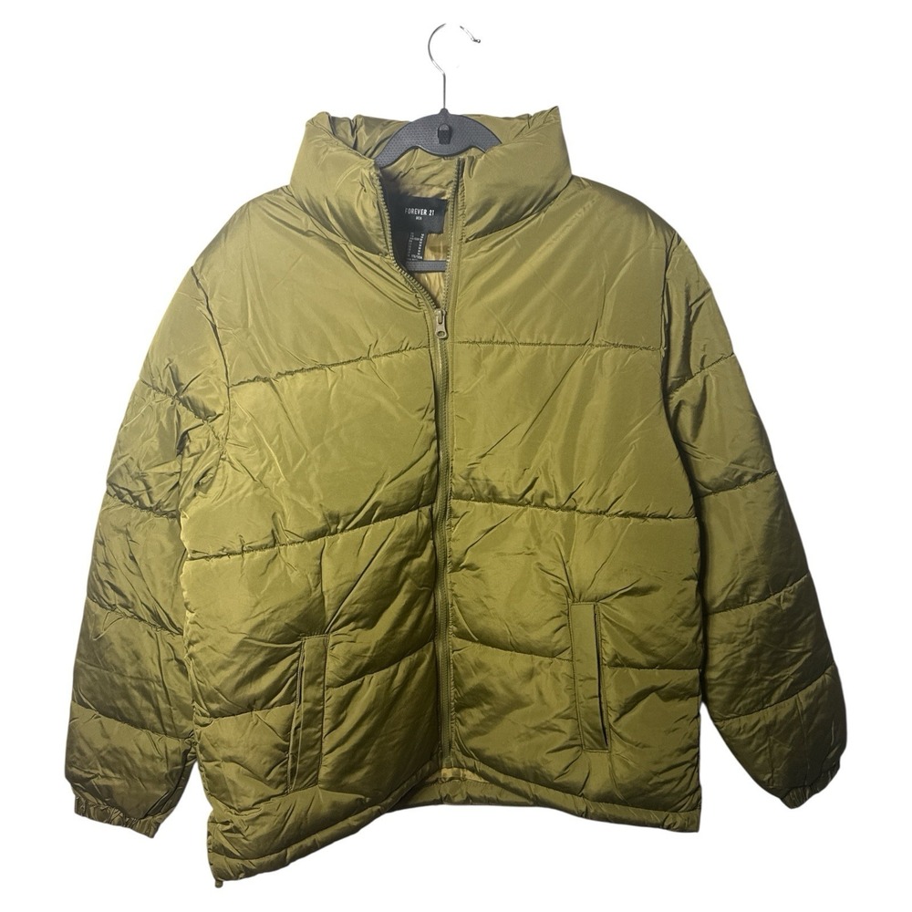 Forever 21 men full zip  puffer jacket green olive size M loose‎ fit. NWT